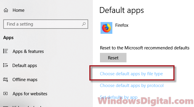 Choose default apps PDF file type Windows 10