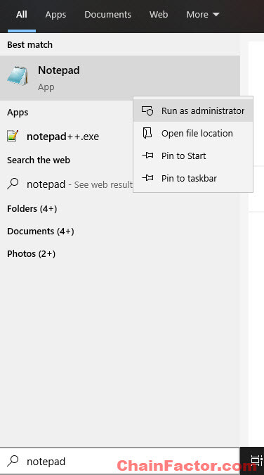 Run Notepad as Administator to edit hosts file Windows 10